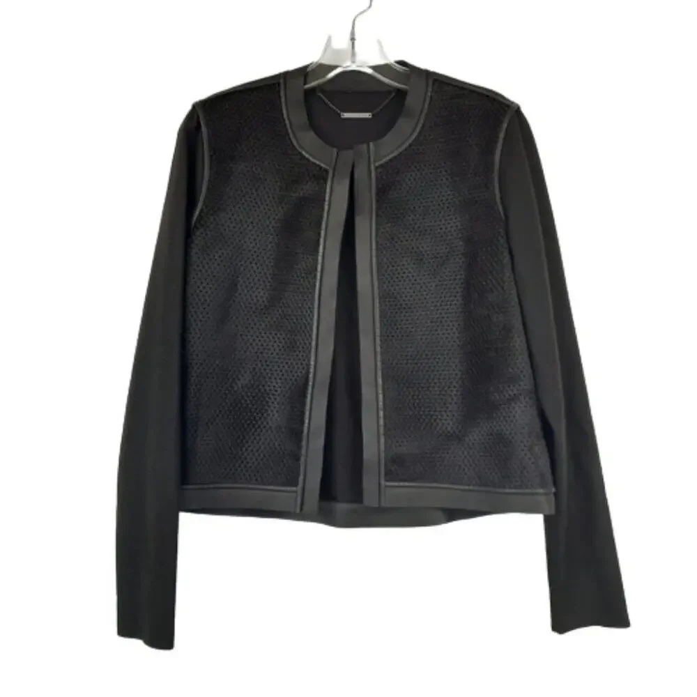 Elie Tahari Courtney black jacket dyed perforated calf leather wool blend size s